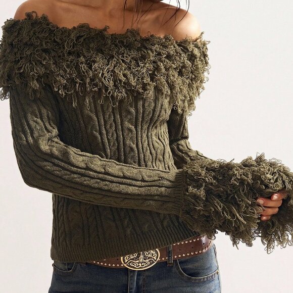 Green Casual Women's Off Shoulder Fuzzy Patchwork Long Sleeve Sweater - Picture 4 of 8